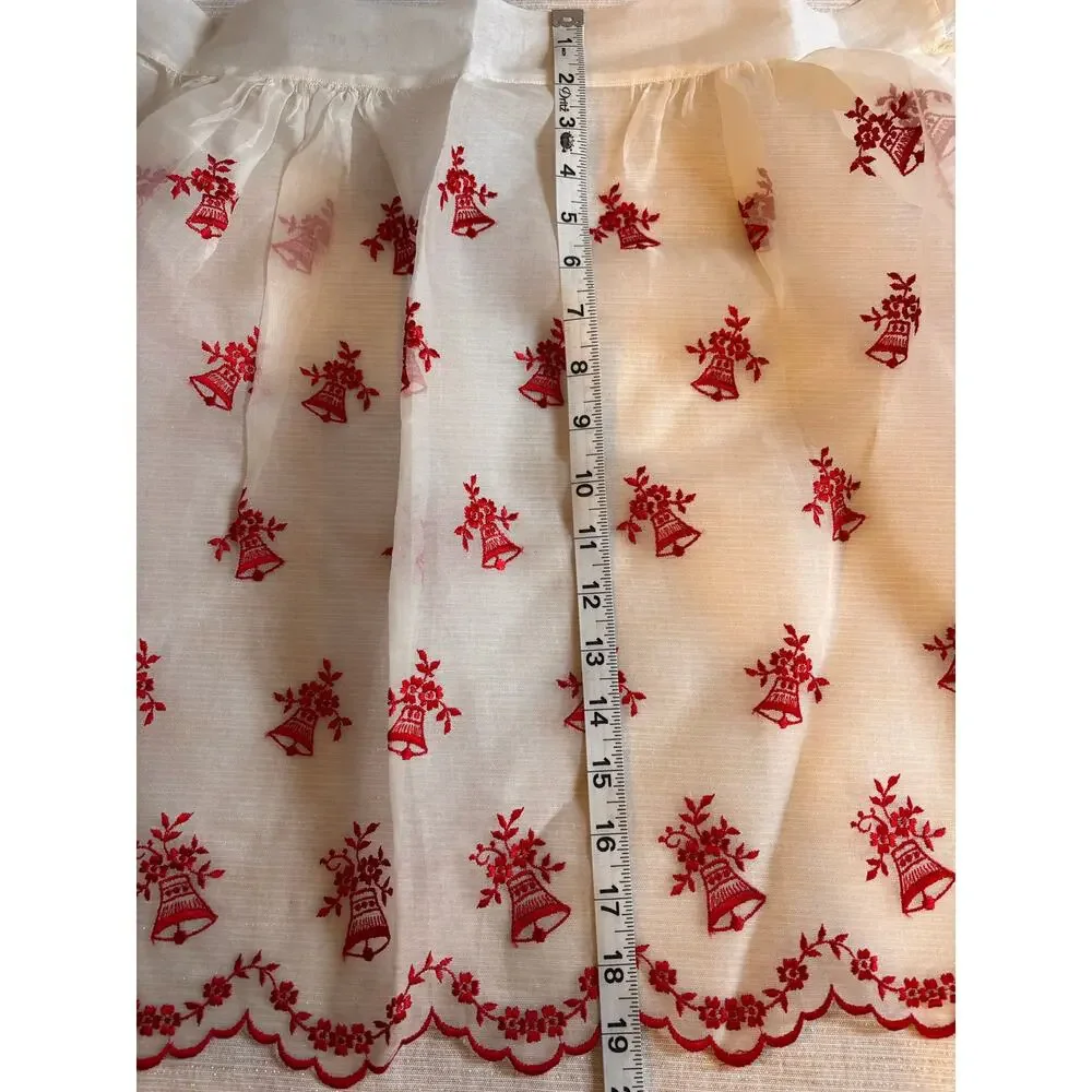 Vintage Christmas 1950s White Red Hostess Half Apron Sheer Housewife ScallopCUTE